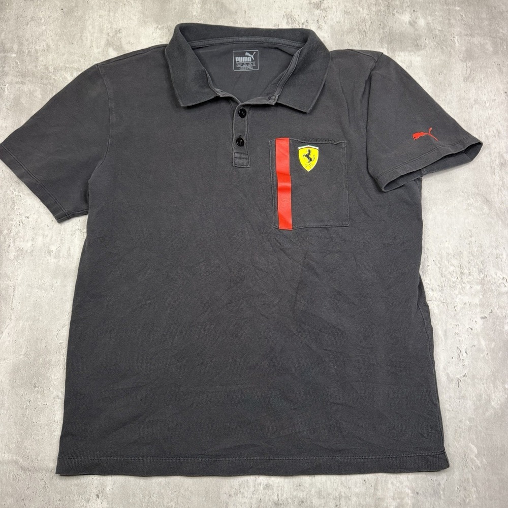 Puma x Ferrari Mens Medium Black Button Short Sleeve Knit Polo Shirt Italy F1
